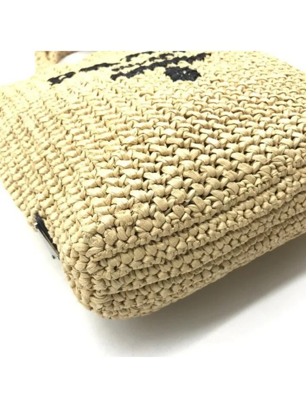 Prada Raffia Tote Shoulder Basket Crochet Logo Embroidery